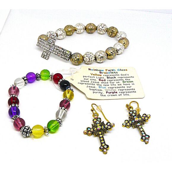 Religious Spiritual Jewelry Aurora Borealis Cross Earrings & 2 Bracelets VTG Lot - Picture 7 of 7